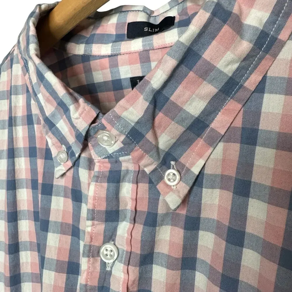 J. Crew Flex Washed Slim Fit Pink and Blue Check Button Down Shirt XL